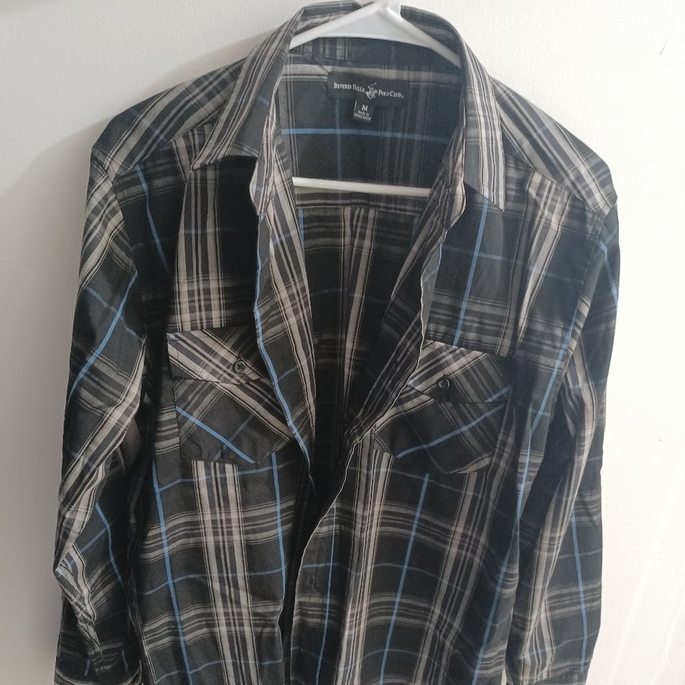 Men Shirt Medium Black Blue Color used Excellent Condition Beverly Hills Polo